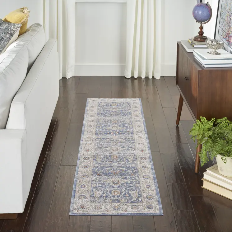 8' Blue And Gray Oriental Runner Rug