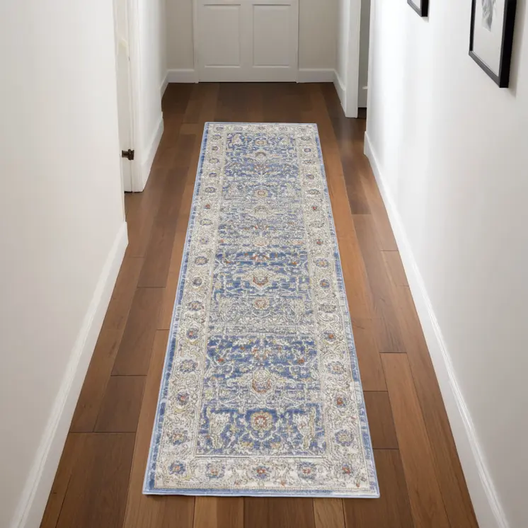 8' Blue And Gray Oriental Runner Rug