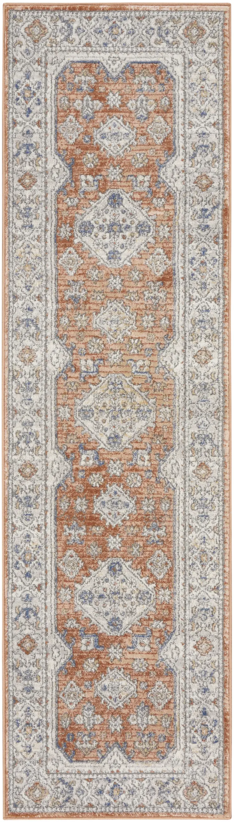 8' Gray And Red Medallion Runner Rug