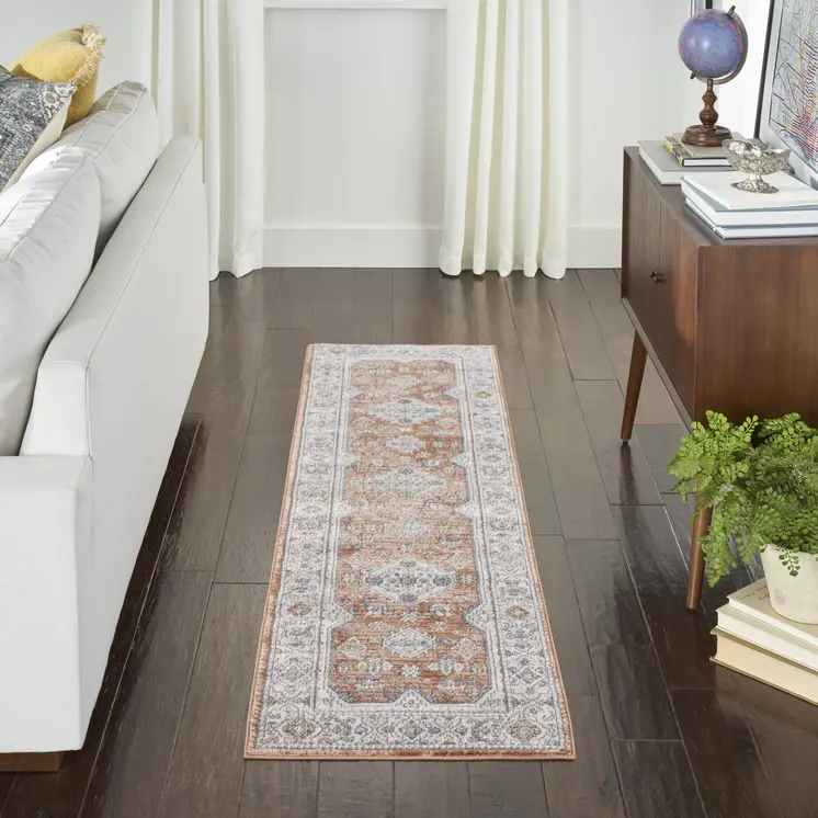 8' Gray And Red Medallion Runner Rug