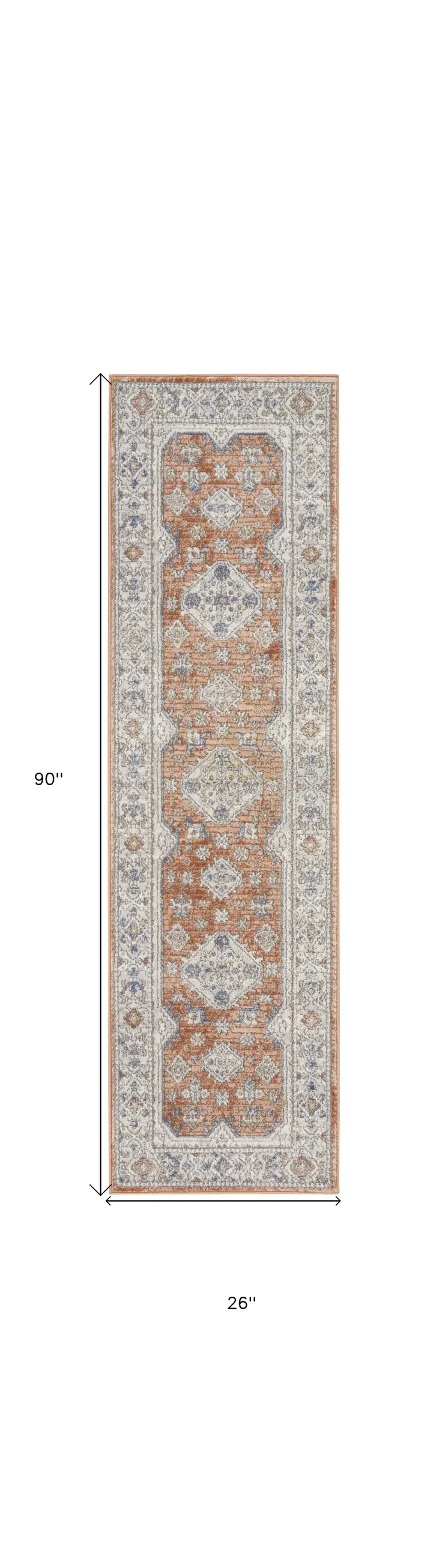 8' Gray And Red Medallion Runner Rug