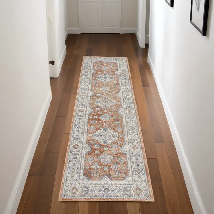 8' Gray And Red Medallion Runner Rug