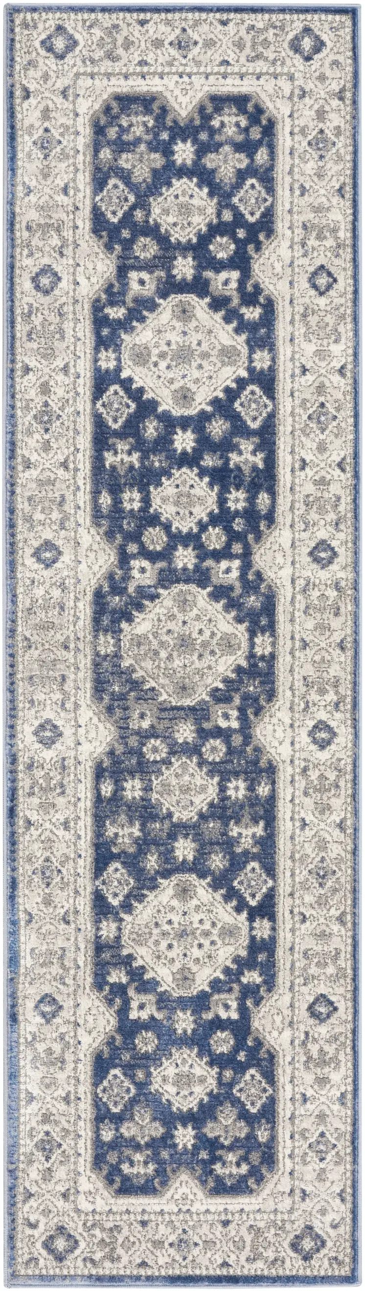 8' Blue And Gray Medallion Runner Rug