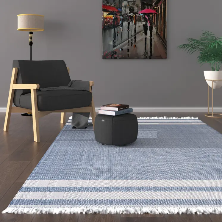 8' X 10' Blue Striped Handmade Stain Resistant Non Skid Indoor Outdoor Area Rug