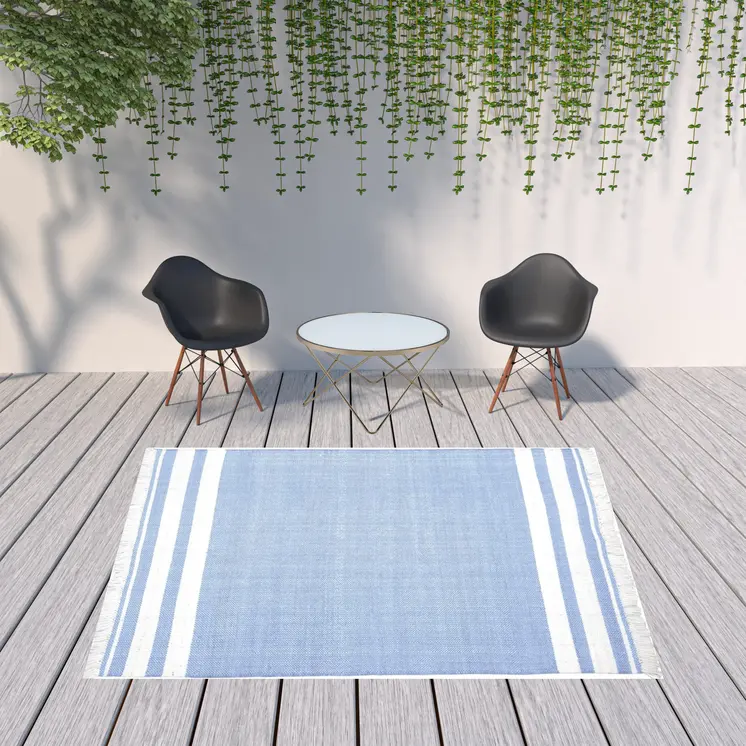 8' X 10' Blue Striped Handmade Stain Resistant Non Skid Indoor Outdoor Area Rug