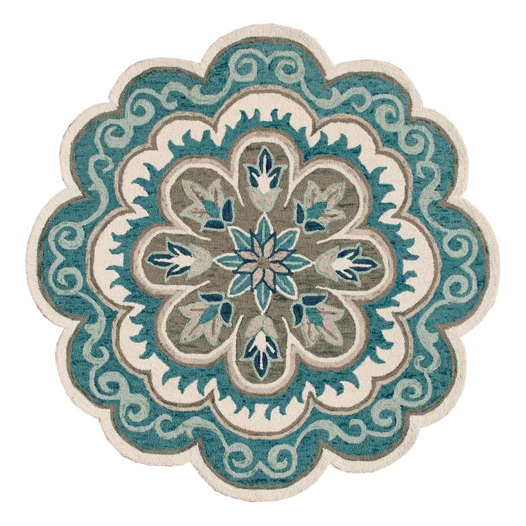 6' X 6' Blue Round Wool Floral Hand Tufted Area Rug