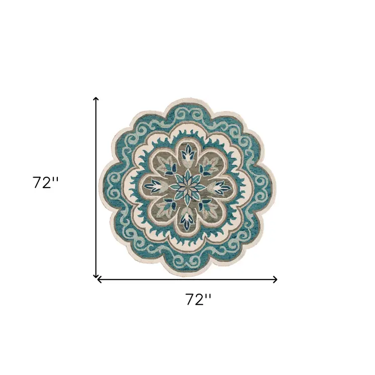 6' X 6' Blue Round Wool Floral Hand Tufted Area Rug