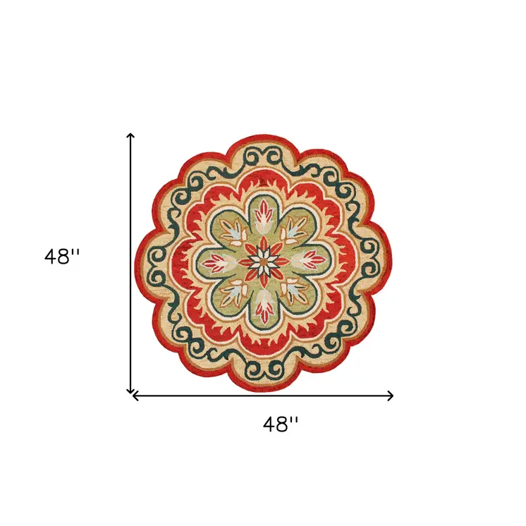 4' Orange Round Wool Floral Hand Tufted Area Rug