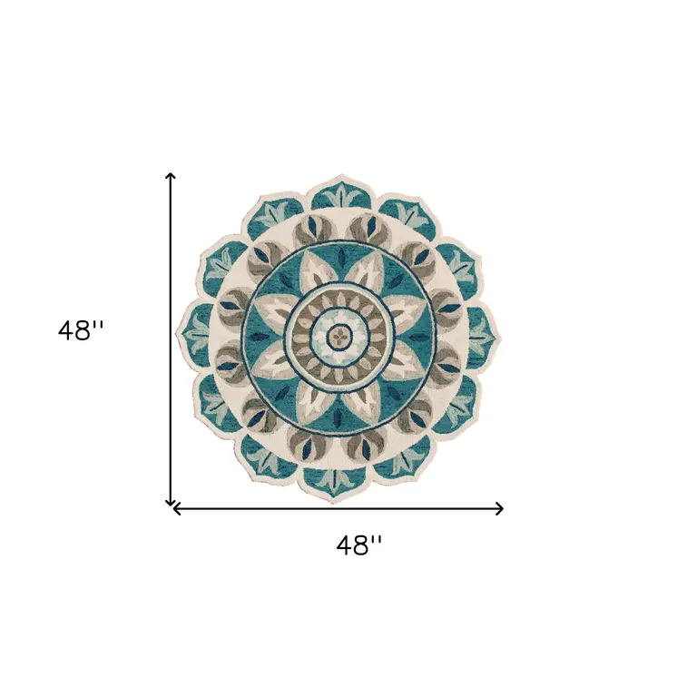 4' Blue Round Wool Floral Hand Tufted Area Rug