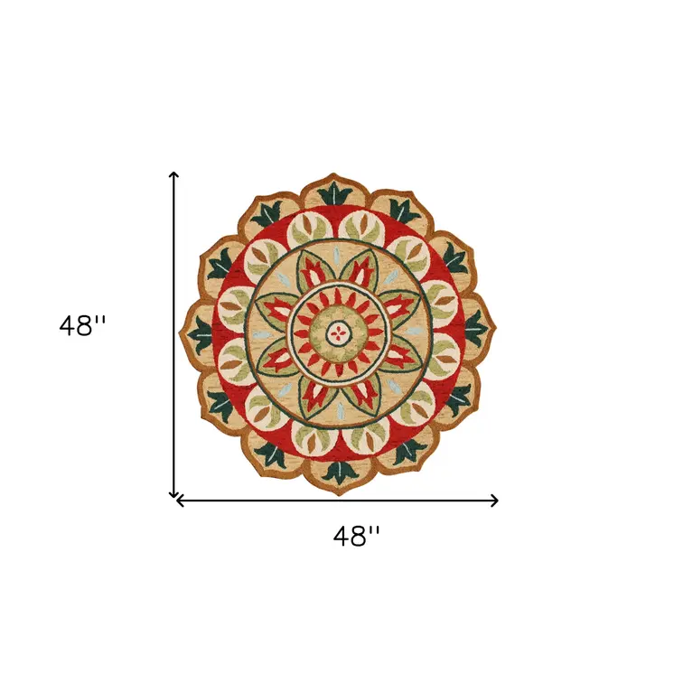 4' Red Round Wool Floral Hand Tufted Area Rug