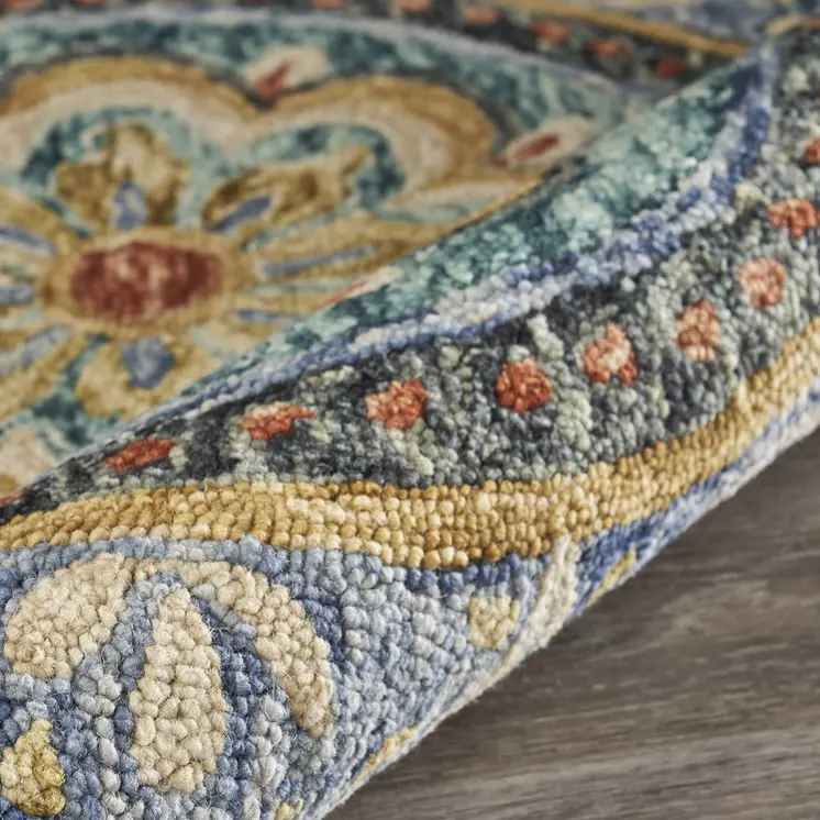 6' X 6' Blue Round Wool Floral Hand Tufted Area Rug