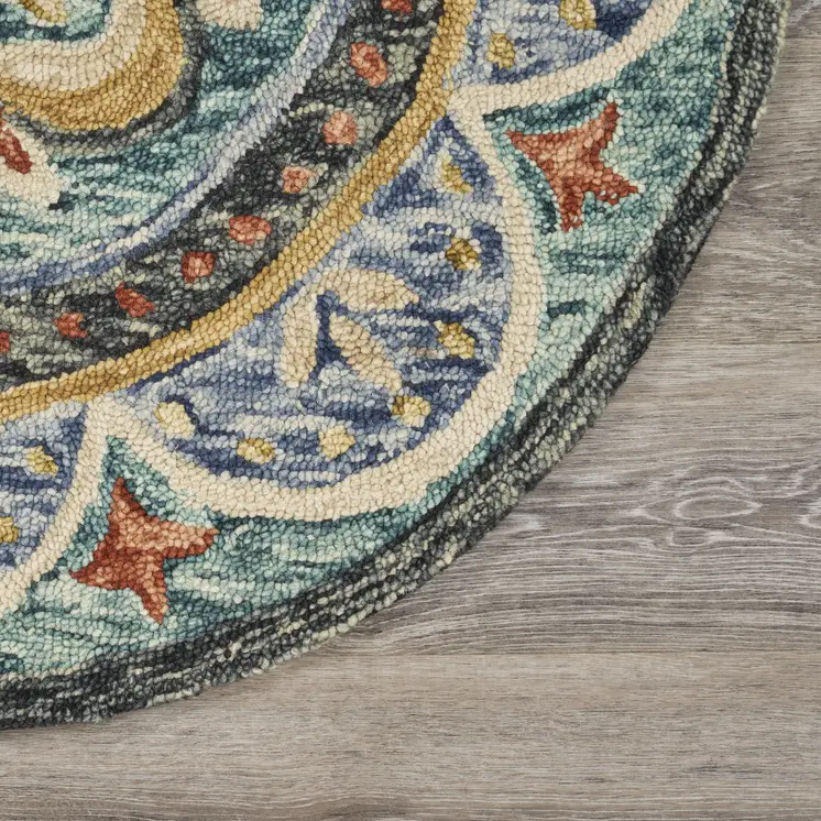 6' X 6' Blue Round Wool Floral Hand Tufted Area Rug