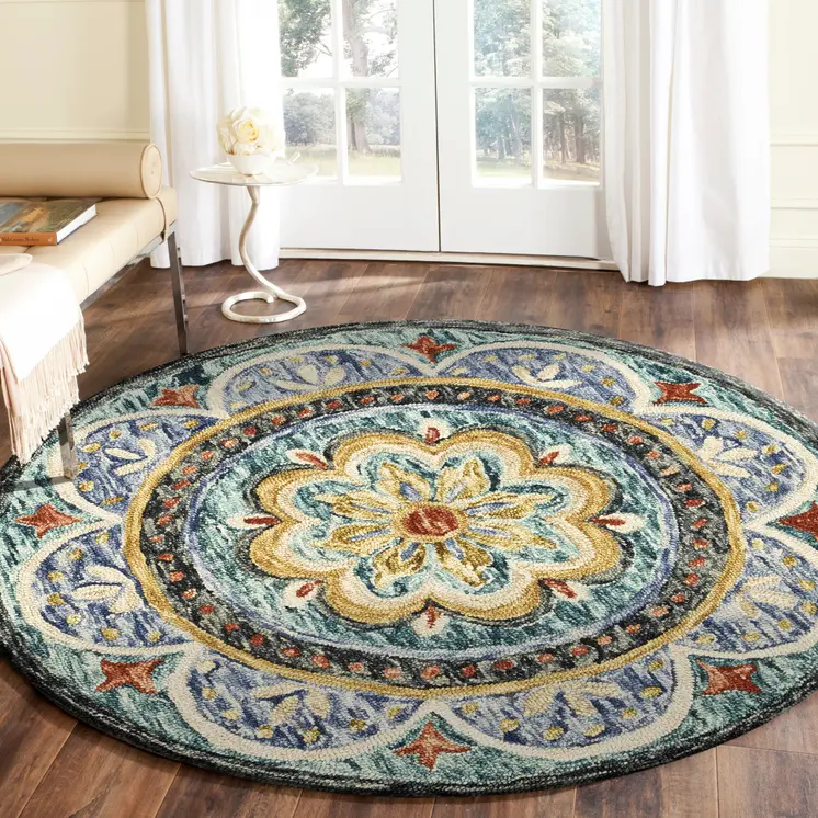 6' X 6' Blue Round Wool Floral Hand Tufted Area Rug