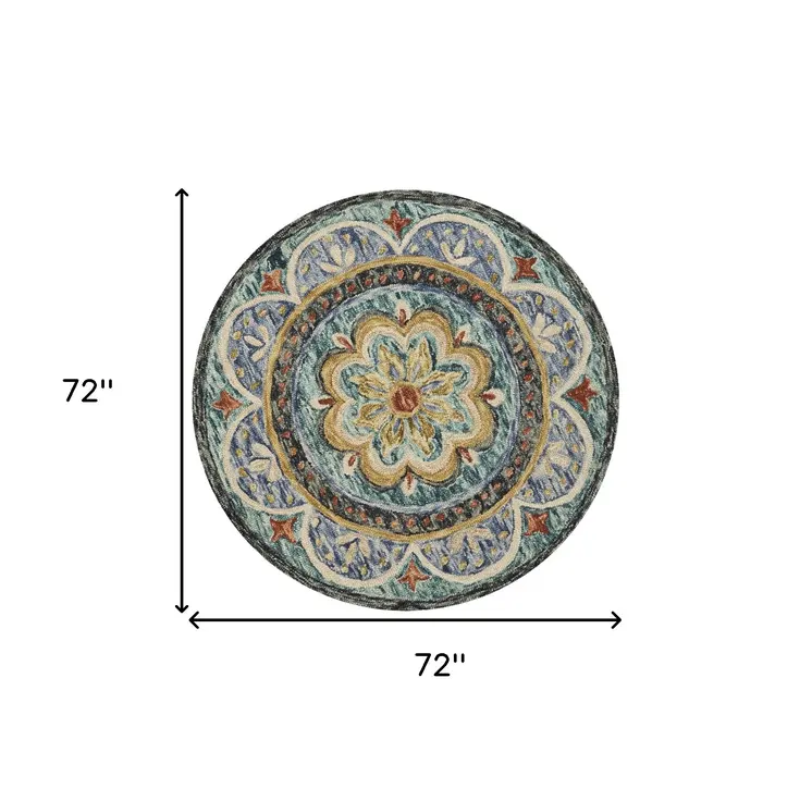 6' X 6' Blue Round Wool Floral Hand Tufted Area Rug