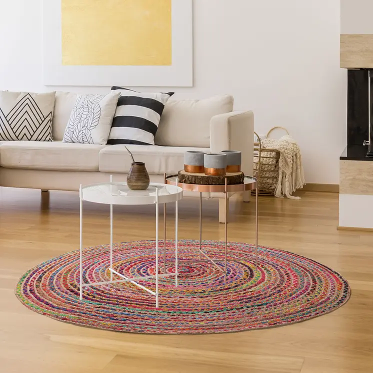 3' Tan Geometric Shag Hand Braided Round Rug