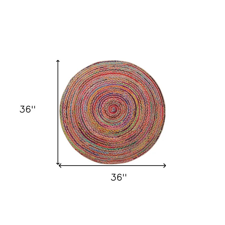 3' Tan Geometric Shag Hand Braided Round Rug