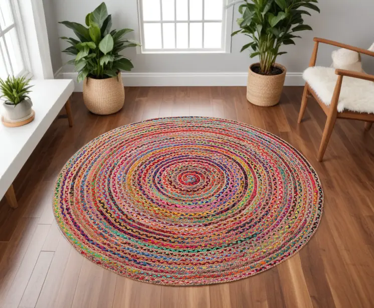 7' Tan Round Geometric Hand Braided Area Rug