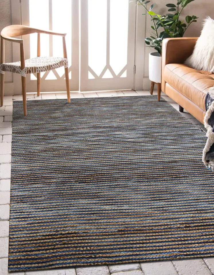 8' X 10' Blue Striped Hand Woven Area Rug