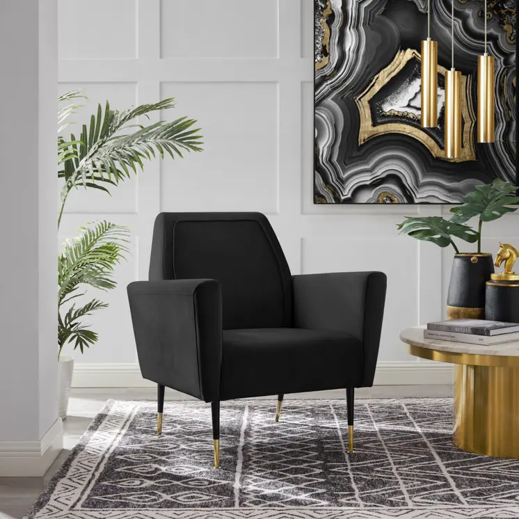 32" Black And Black And Gold Velvet Arm Chair