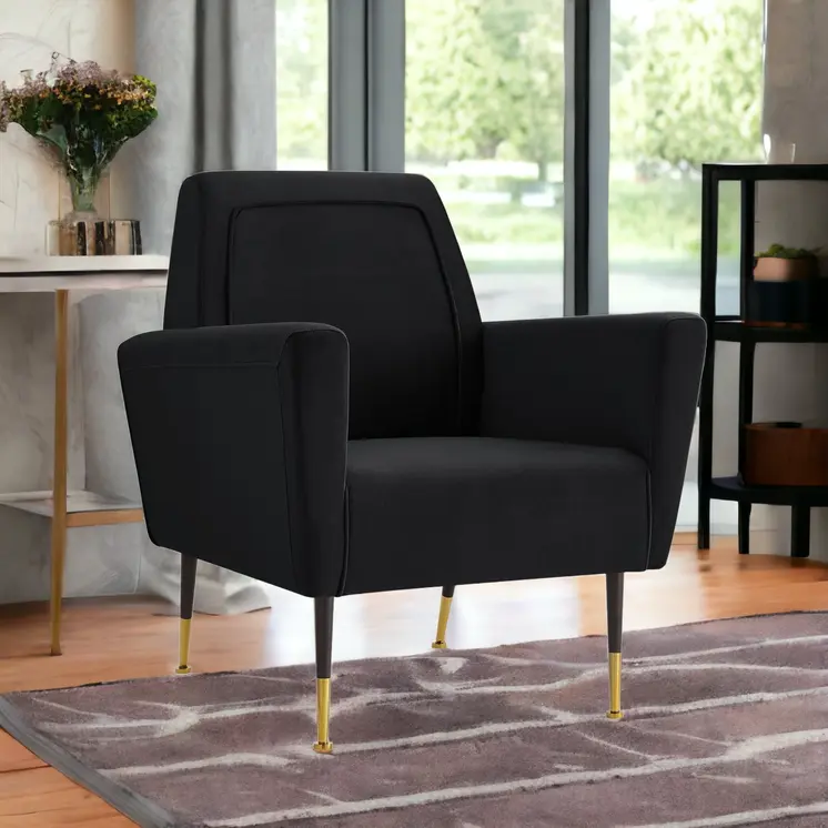 32" Black And Black And Gold Velvet Arm Chair