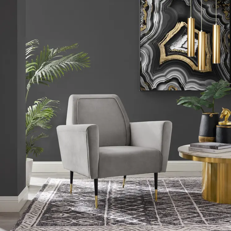 32" Gray And Black And Gold Velvet Arm Chair