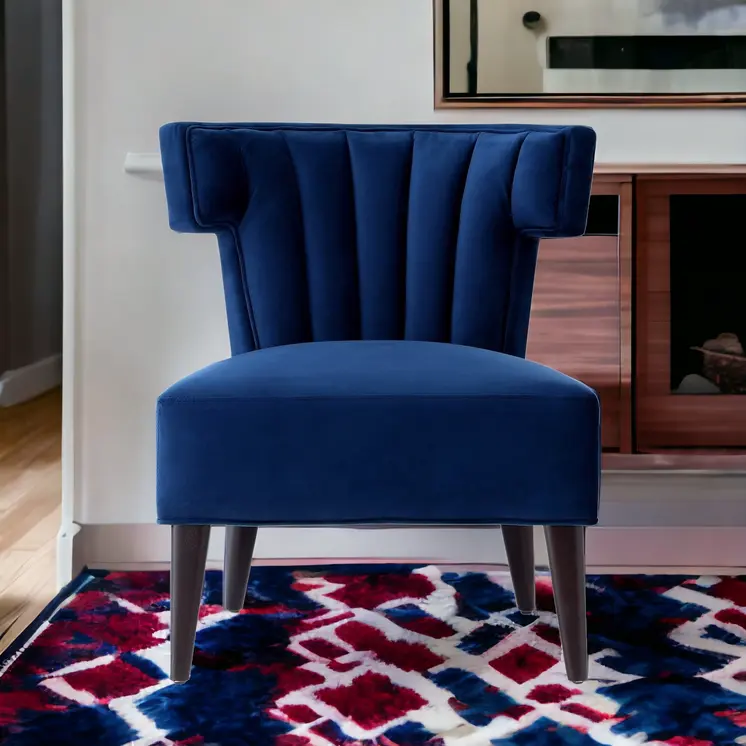 30" Navy Blue And Black Velvet Tufted Wingback Chair
