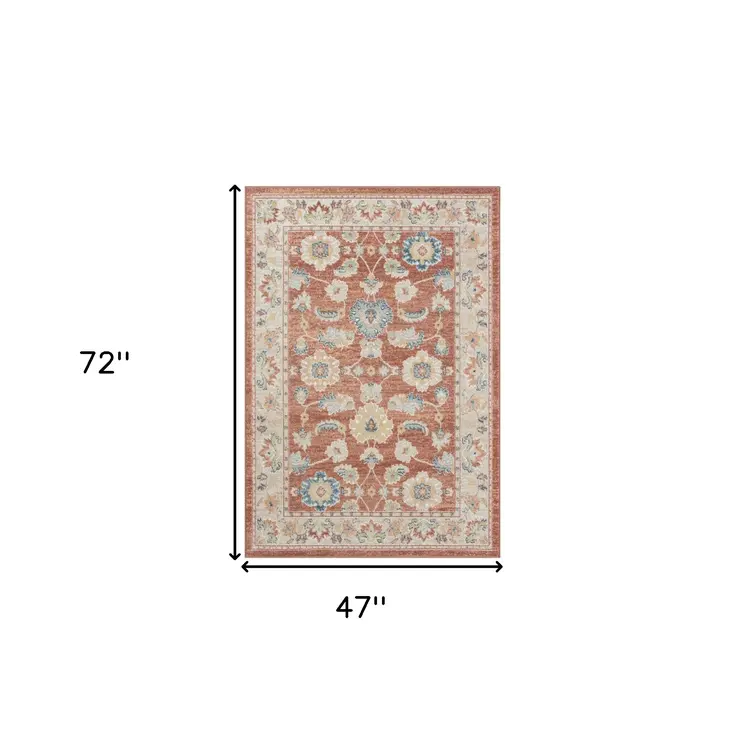 4' X 6' Red and Ivory Oriental Power Loom Area Rug