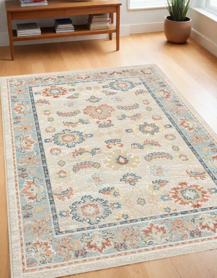 4' X 6' Blue and Ivory Oriental Power Loom Area Rug