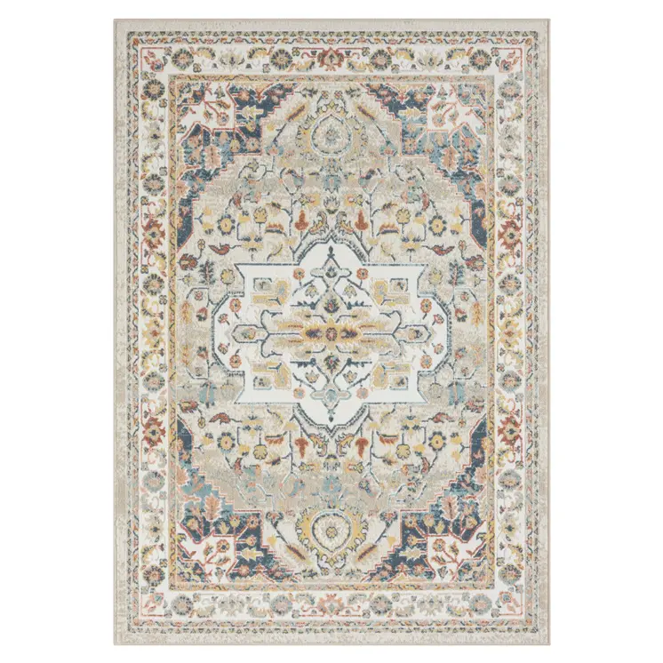 4' X 6' Ivory and Blue Oriental Power Loom Area Rug