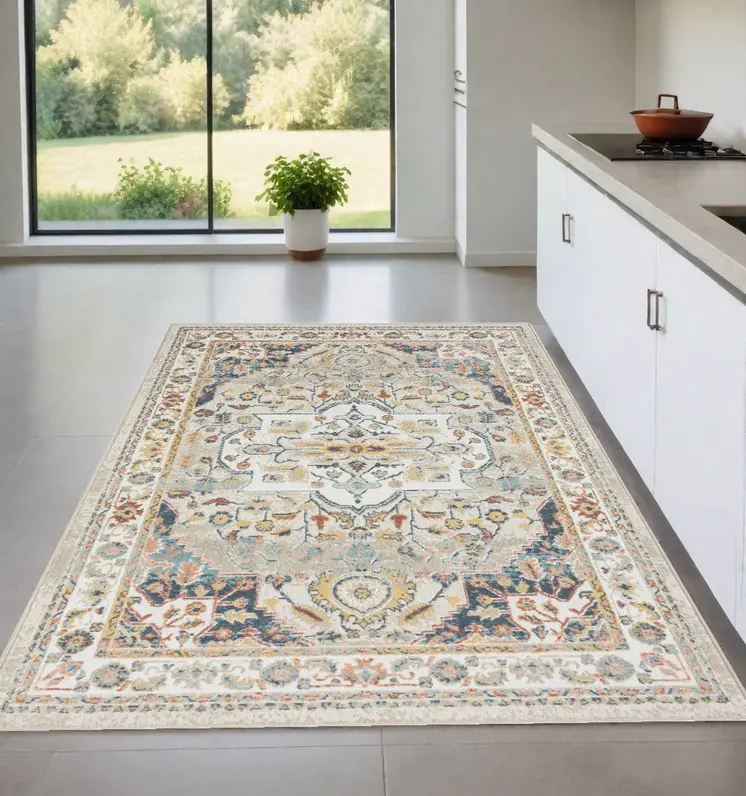 4' X 6' Ivory and Blue Oriental Power Loom Area Rug