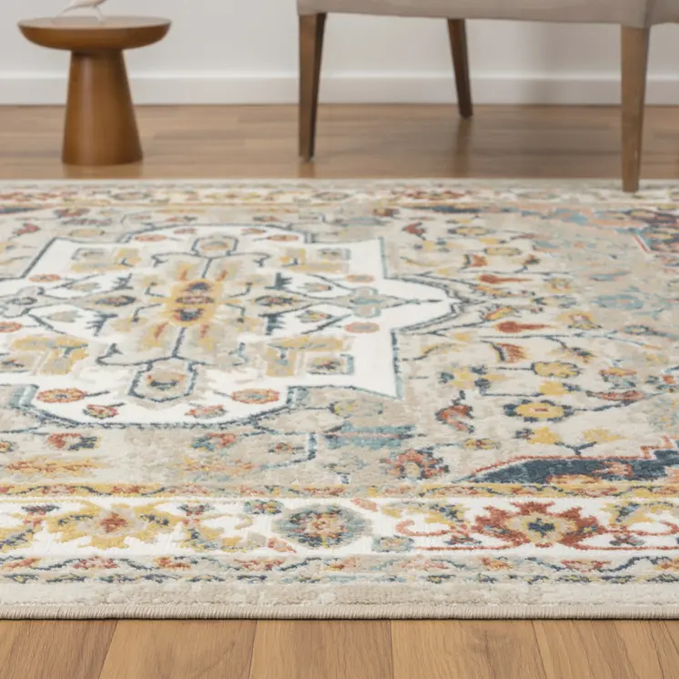 4' X 6' Ivory and Blue Oriental Power Loom Area Rug