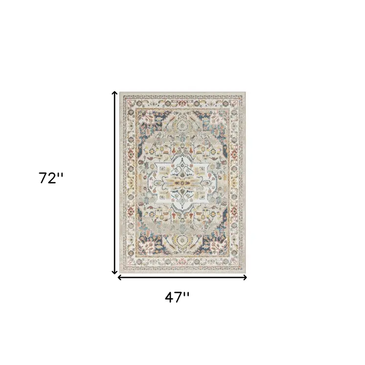 4' X 6' Ivory and Blue Oriental Power Loom Area Rug