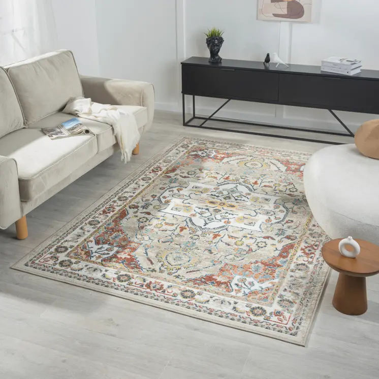 4' X 6' Ivory and Red Oriental Power Loom Area Rug