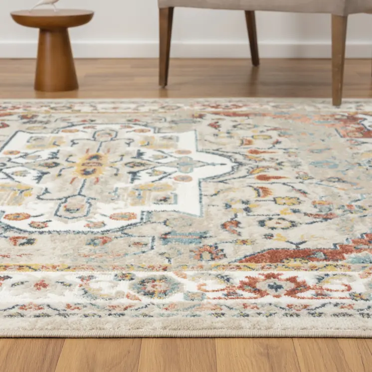 4' X 6' Ivory and Red Oriental Power Loom Area Rug