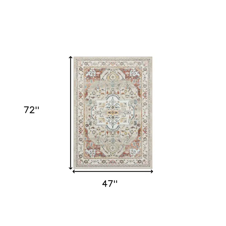 4' X 6' Ivory and Red Oriental Power Loom Area Rug