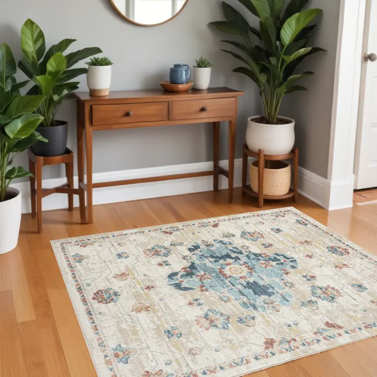4' X 6' Ivory and Blue Medallion Power Loom Area Rug