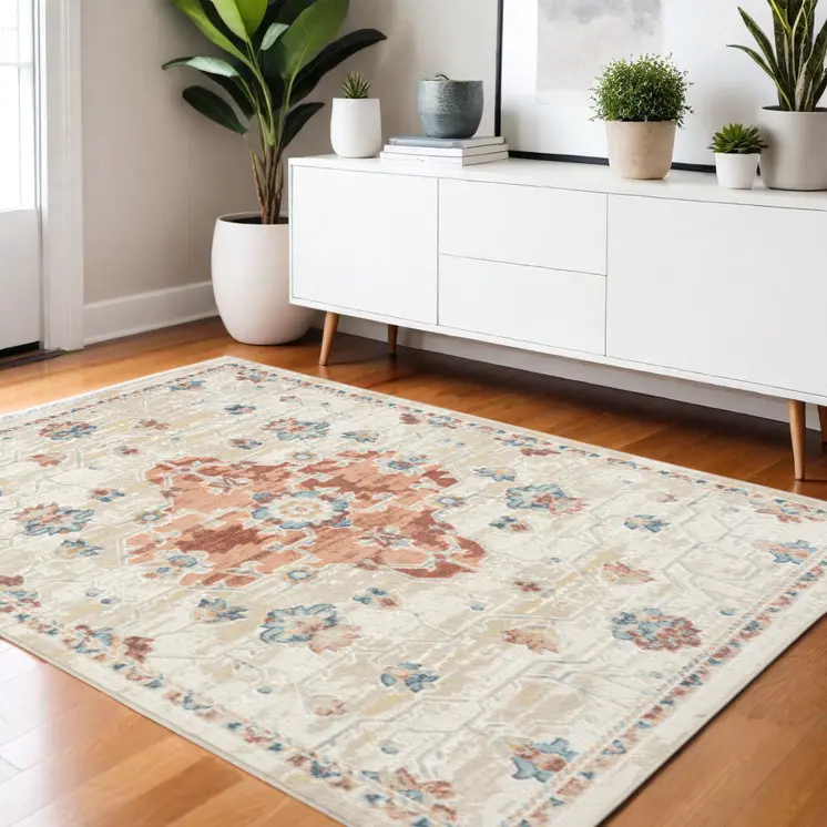 4' X 6' Ivory and Red Medallion Power Loom Area Rug
