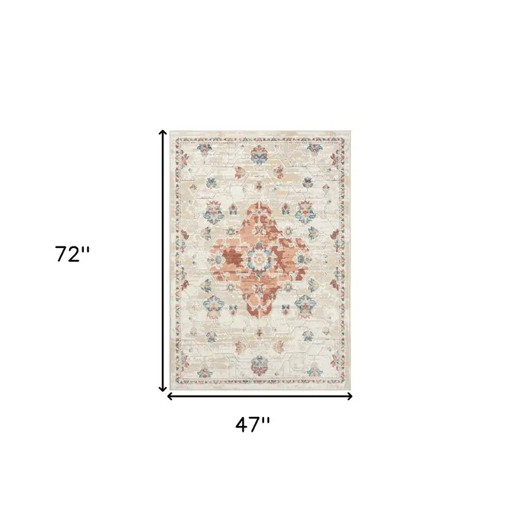 4' X 6' Ivory and Red Medallion Power Loom Area Rug