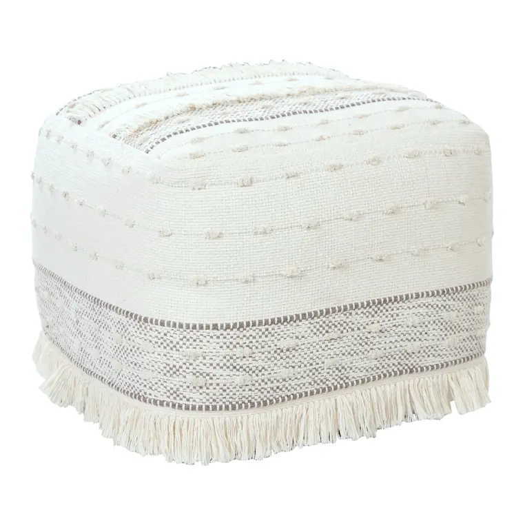 18" Cream Cotton Striped Pouf Ottoman
