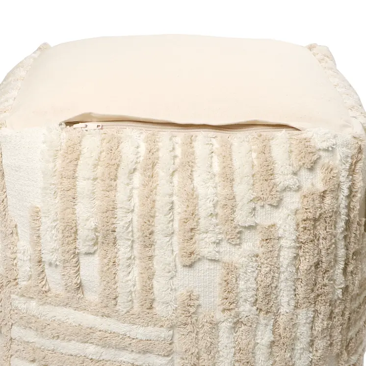 18" Beige Cotton Cube Striped Pouf Ottoman