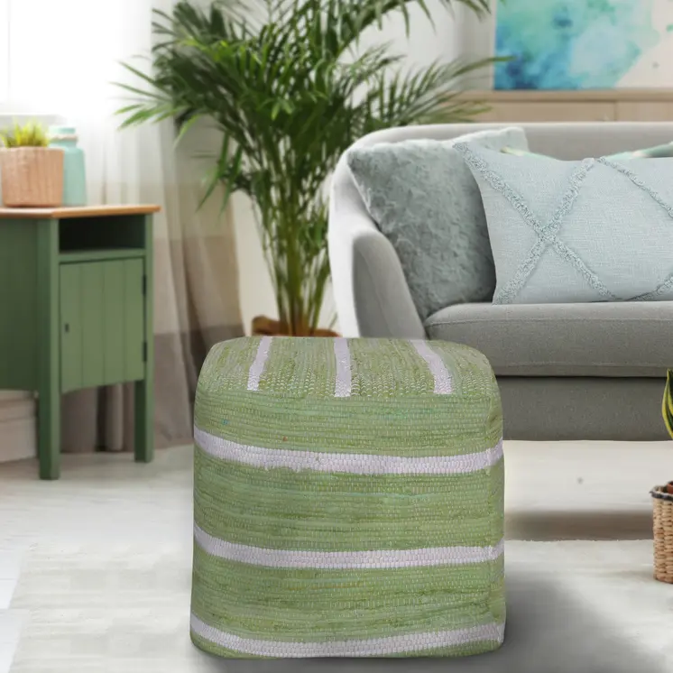 18" Green And White Cotton Cube Striped Pouf Ottoman