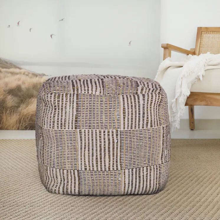 18" Brown Cotton Cube Geometric Pouf Ottoman
