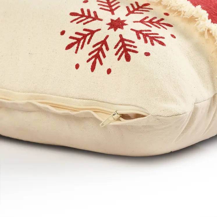16" X 24" Red Christmas Snowflakes Cotton Abstract Zippered Pillow With Fringe