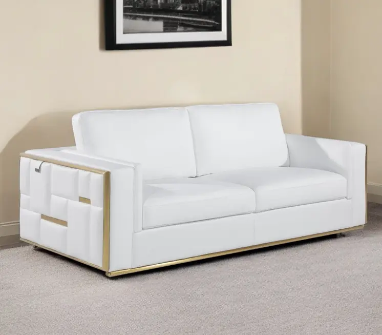 89" White Italian Leather Sofa With Brass Legs