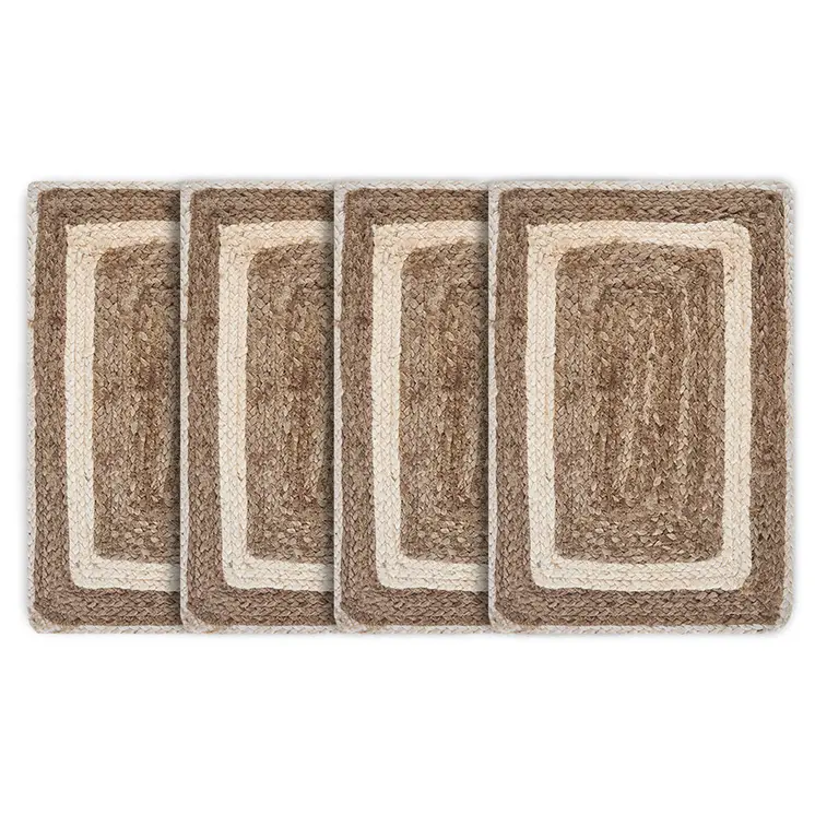 19" Set of Four Natural And Ivory Geometric Braided Jute Placemats