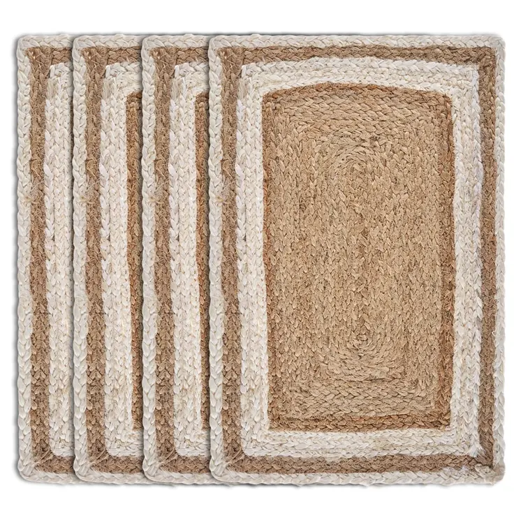 19" Set of Four Natural And Cream Geometric Border Jute Placemats