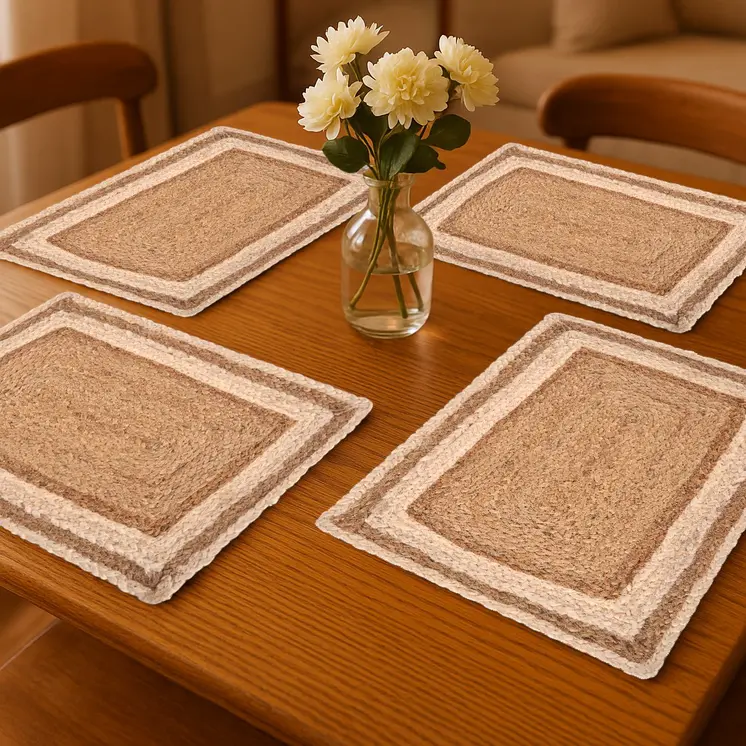 19" Set of Four Natural And Cream Geometric Border Jute Placemats