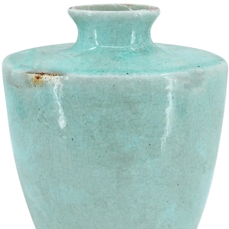 12" Aqua Terracotta Crackle Glaze Round Table Vase