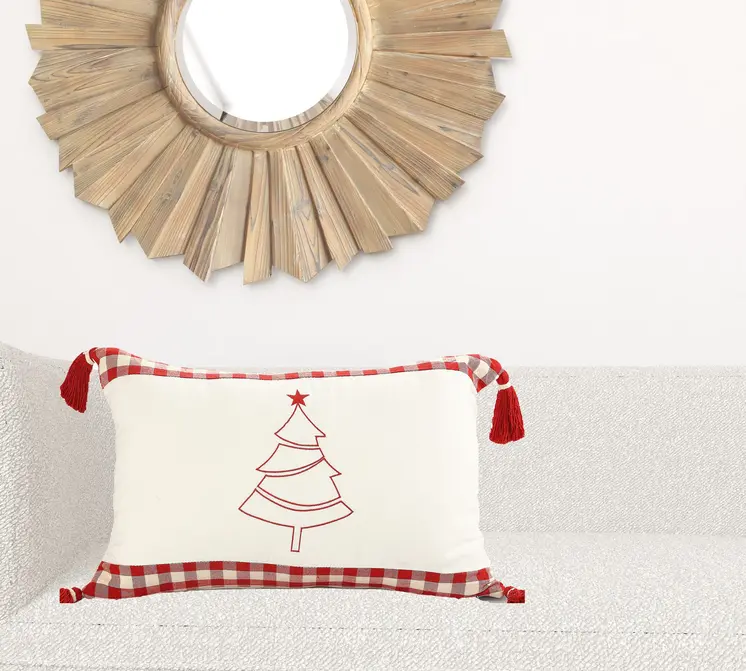 16" X 24" Red and White Christmas Tree Cotton Zippered Pillow With Tassels