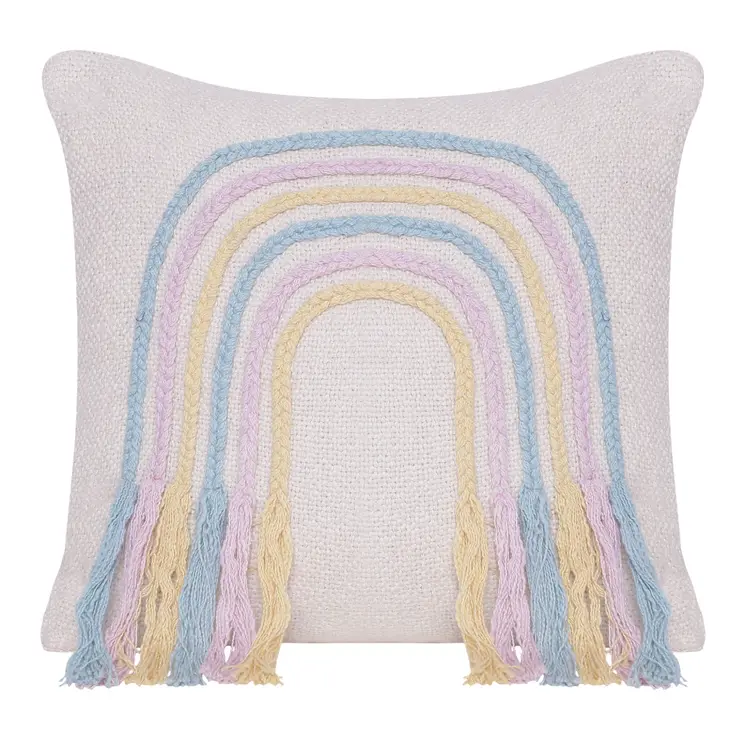 20" X 20" Blue and Off White Braided Cotton Zippered Pillow With Fringe